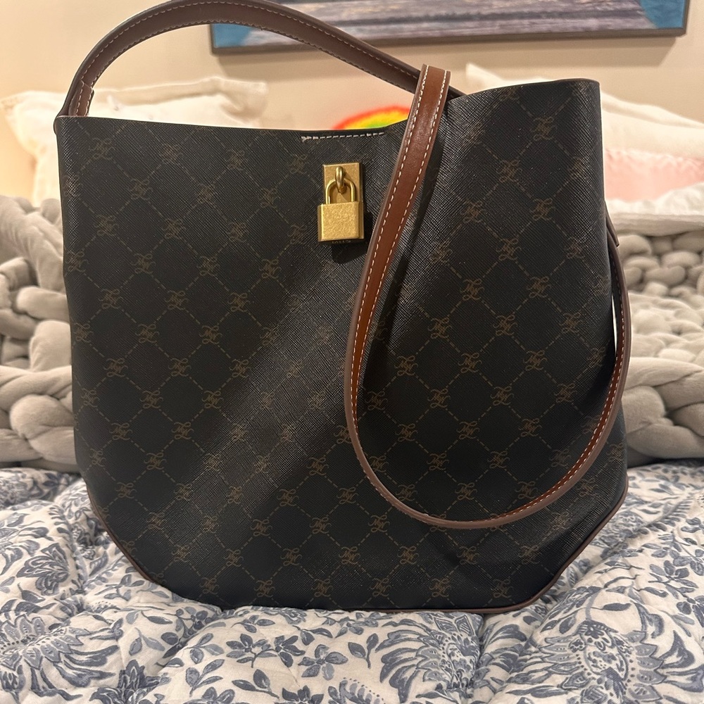 Mango Dark Brown Monogram Crossbody Bag with Gold Lock